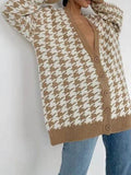 Houndstooth Button Up Long Sleeve Cardigan - Trendsi