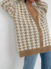 Houndstooth Button Up Long Sleeve Cardigan - Trendsi