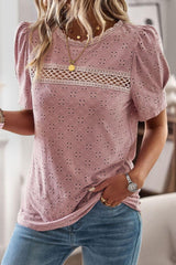 Spliced Lace Short Puff Sleeve Top - Flyclothing LLC