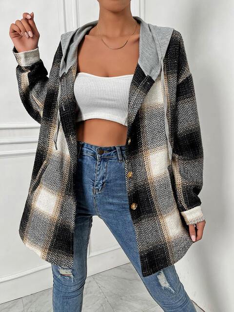 Plaid Drawstring Hooded Jacket - Trendsi