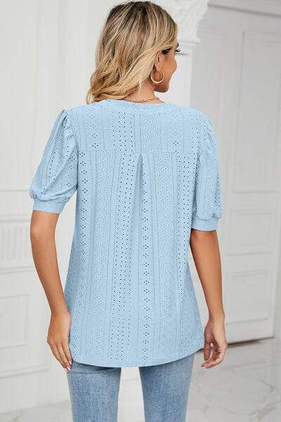 Eyelet Notched Short Sleeve T-Shirt - Trendsi - Flyclothing LLC