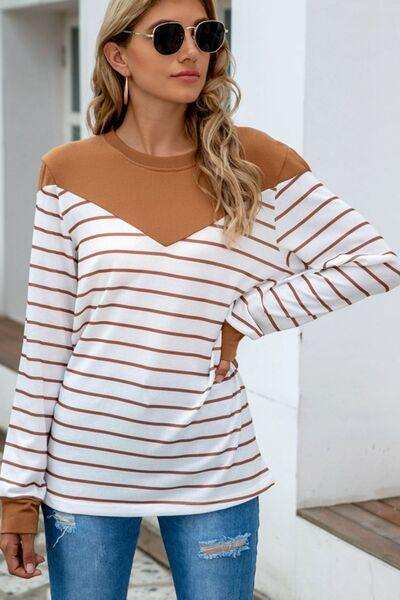 Striped Round Neck Long Sleeve T-Shirt - Trendsi - Flyclothing LLC