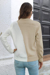 Contrast Color Round Neck Long Sleeve Sweater - Trendsi - Flyclothing LLC