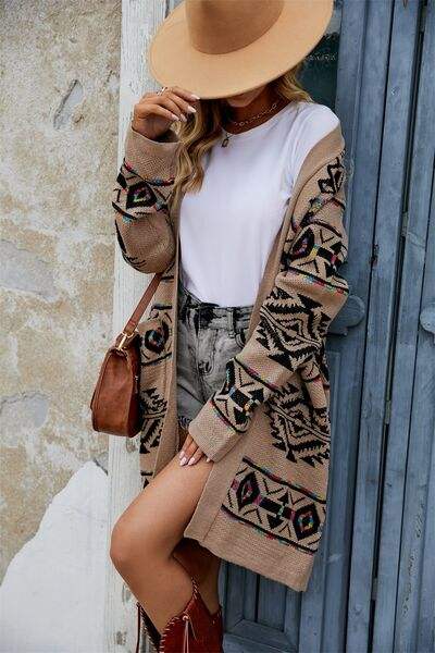 Pocketed Geometric Open Front Dropped Shoulder Cardigan - Trendsi - Flyclothing LLC