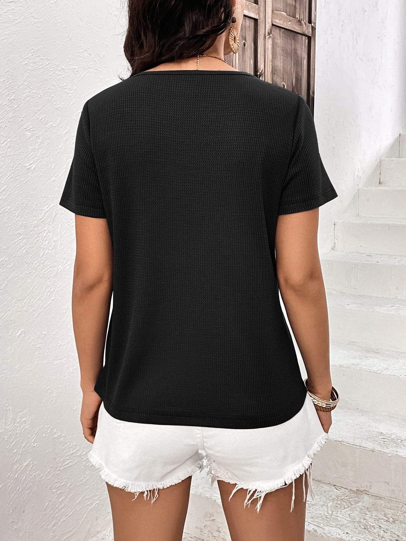 Lace Trim Contrast Waffle-Knit Top - Trendsi - Flyclothing LLC