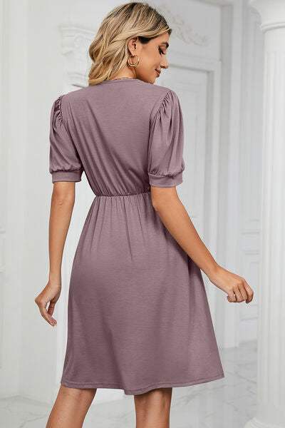 V-Neck Puff Sleeve Dress - Trendsi - Flyclothing LLC