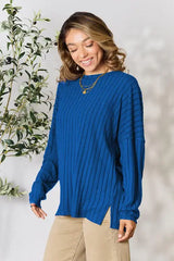 Basic Bae Full Size Ribbed Round Neck Slit T-Shirt - Trendsi - Flyclothing LLC