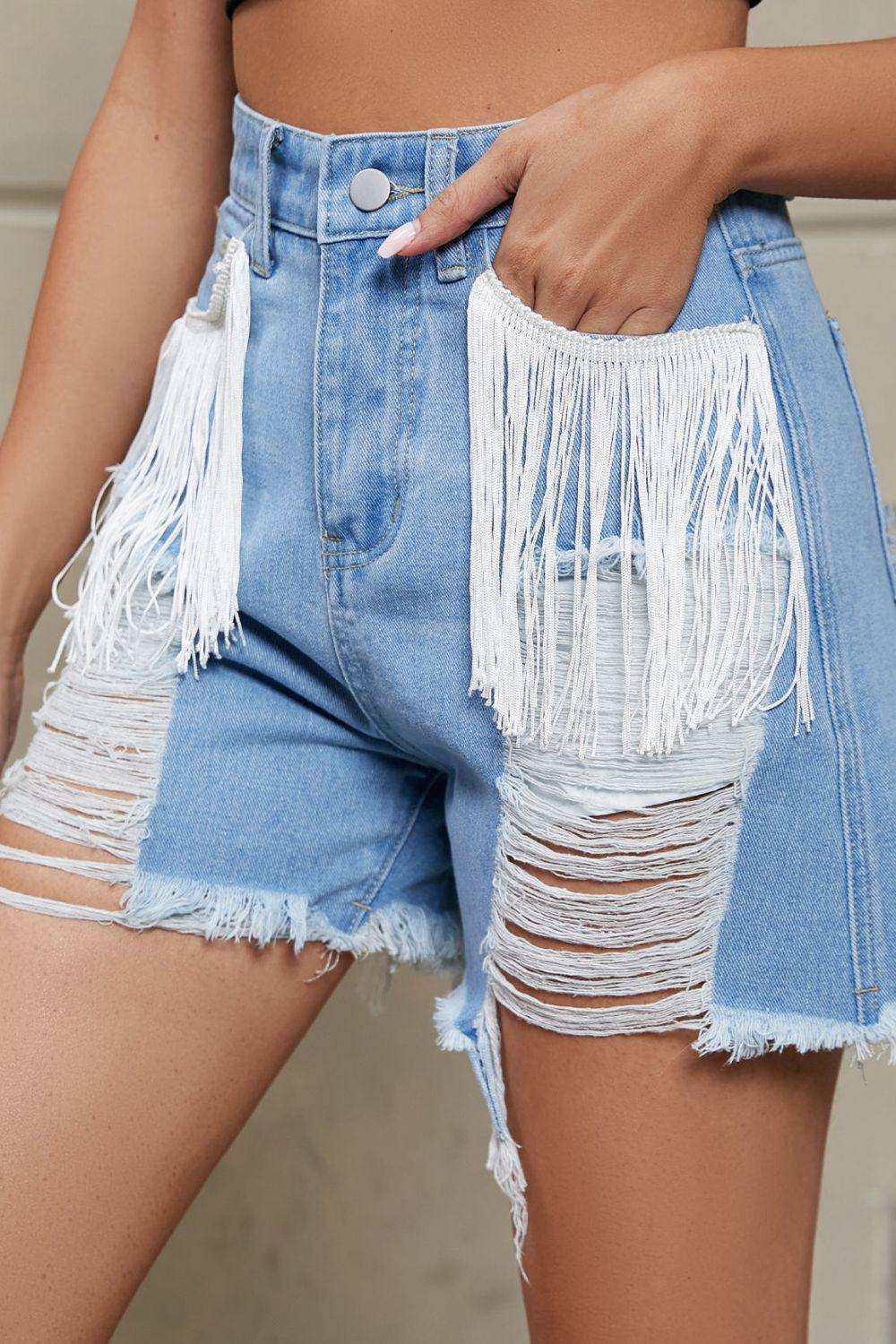 Fringe Trim Distressed Denim Shorts with Pockets - Trendsi - Flyclothing LLC