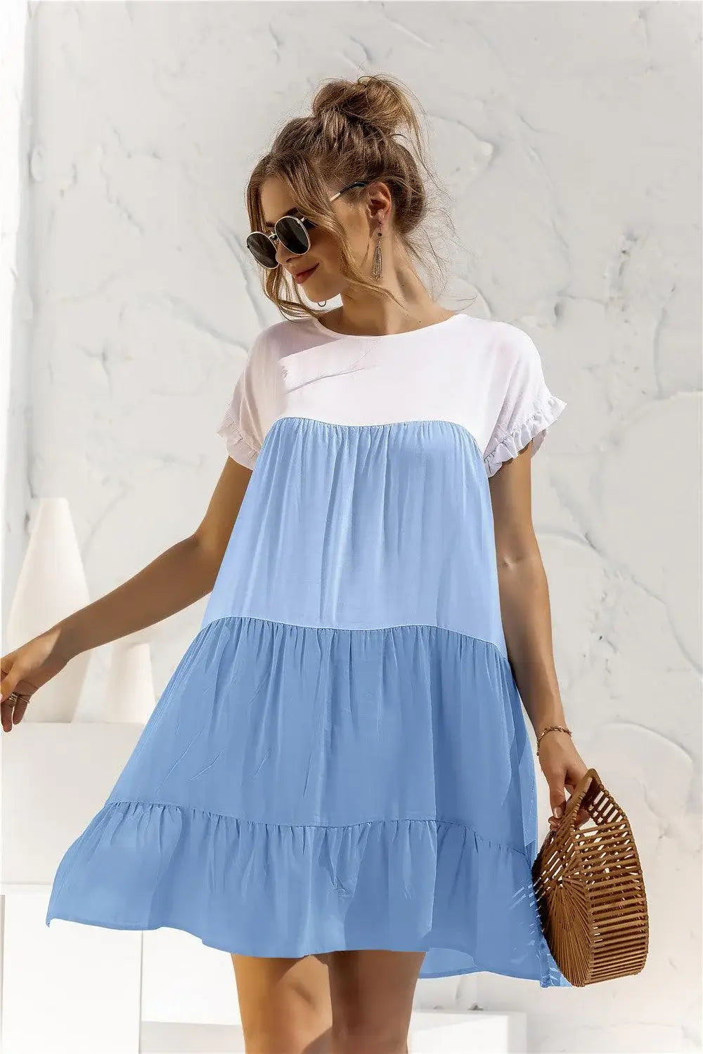 Color Block Round Neck Ruffle Hem Dress - Trendsi - Flyclothing LLC