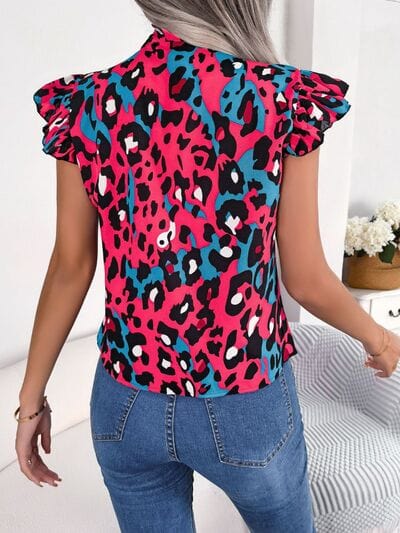 Leopard Tie Neck Cap Sleeve Blouse - Trendsi