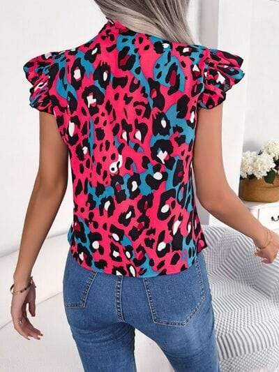 Leopard Tie Neck Cap Sleeve Blouse - Trendsi - Flyclothing LLC