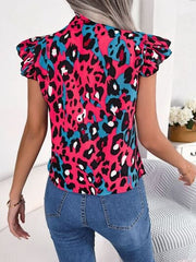Leopard Tie Neck Cap Sleeve Blouse - Trendsi