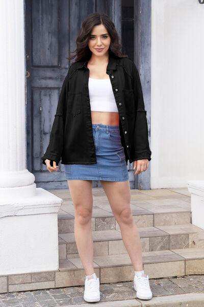 Raw Hem Pocketed Collared Neck Denim Jacket - Trendsi - Flyclothing LLC