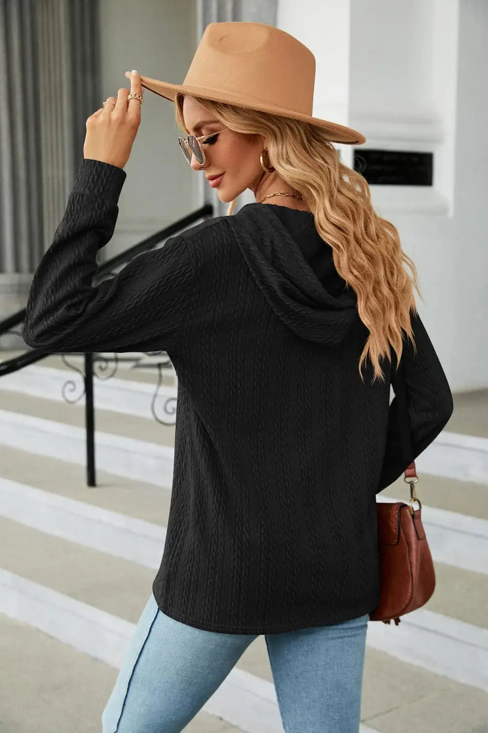 Cable-Knit Long Sleeve Hoodie - Trendsi - Flyclothing LLC