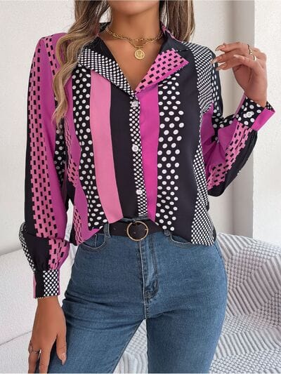 Polka Dot Contrast Long Sleeve Shirt - Trendsi