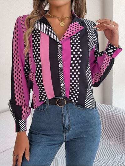 Polka Dot Contrast Long Sleeve Shirt - Trendsi - Flyclothing LLC
