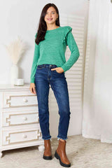 Double Take Ruffle Shoulder Long Sleeve T-Shirt - Trendsi - Flyclothing LLC