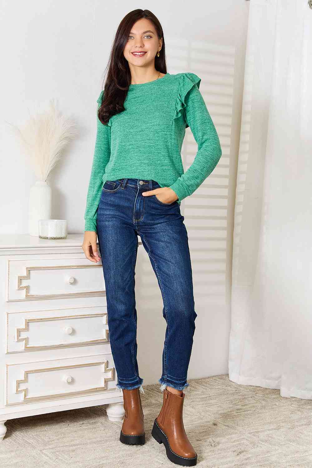 Double Take Ruffle Shoulder Long Sleeve T-Shirt - Trendsi - Flyclothing LLC