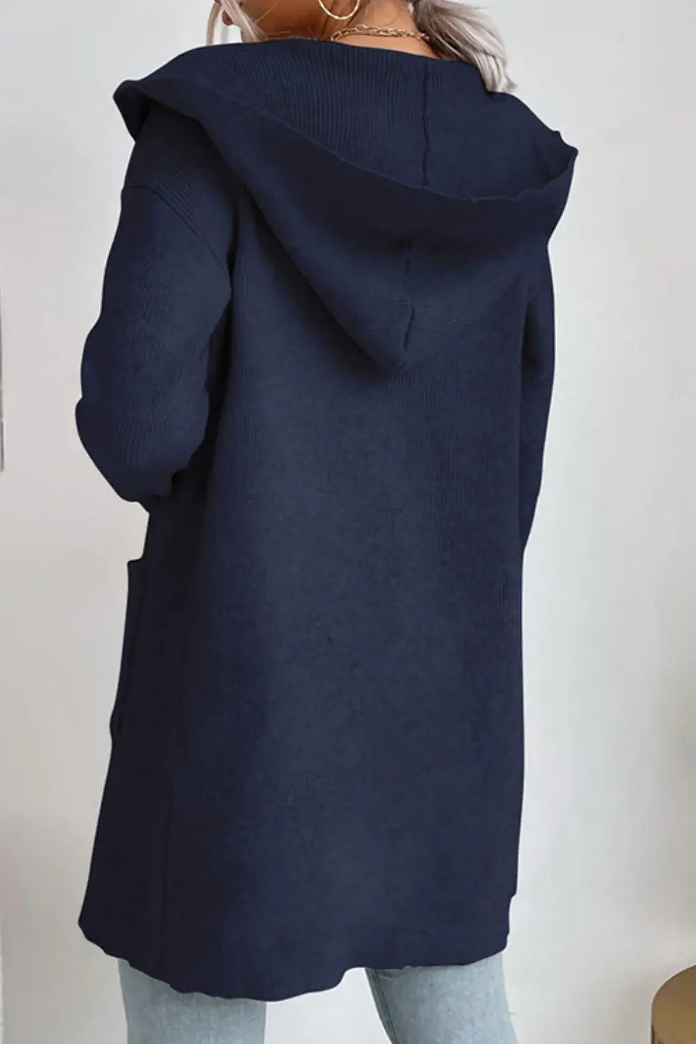 Ribbed Open Front Hooded Cardigan with Pockets - Trendsi - Flyclothing LLC