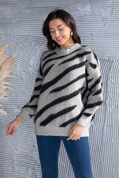 Animal Element Round Neck Dropped Shoulder Sweater - Trendsi