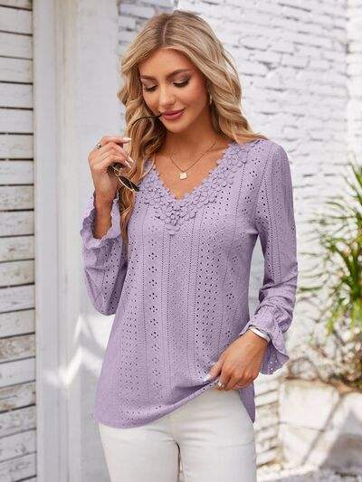 Applique V-Neck Flounce Sleeve T-Shirt - Trendsi - Flyclothing LLC
