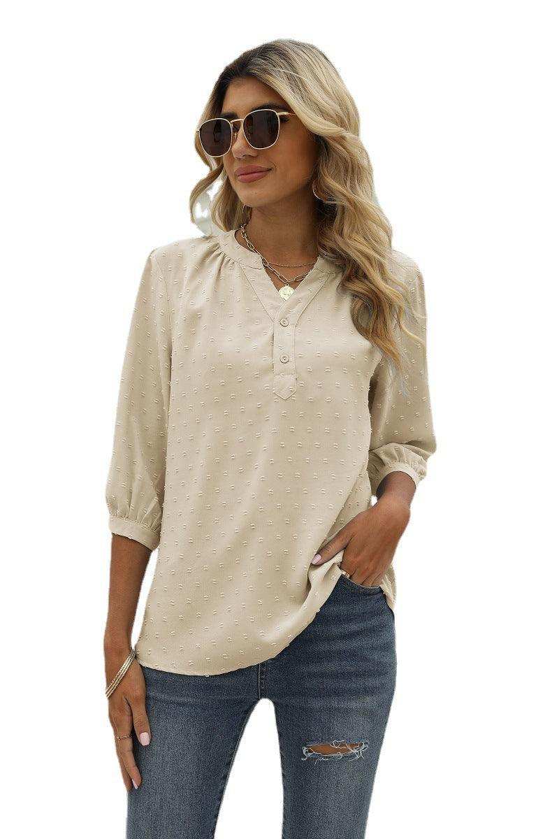 Swiss Dot Notched Neck Three-Quarter Sleeve Blouse - Trendsi - Flyclothing LLC