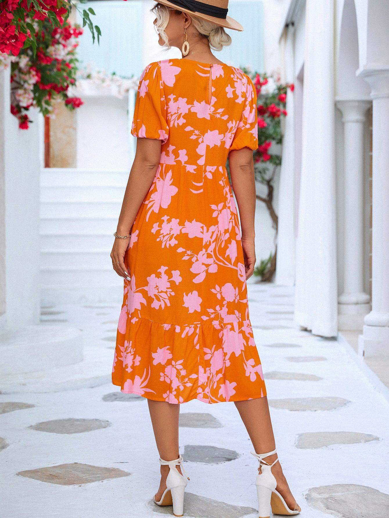 Floral Puff Sleeve Ruffle Hem Midi Dress - Trendsi - Flyclothing LLC