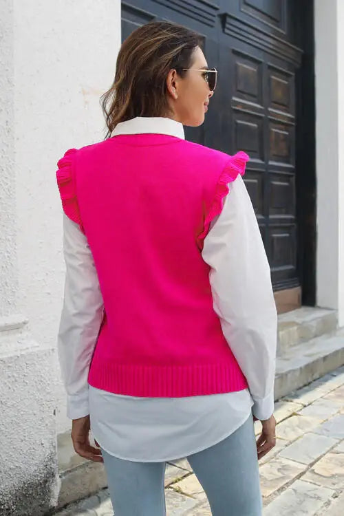 Round Neck Ruffled Sweater Vet - Trendsi - Flyclothing LLC
