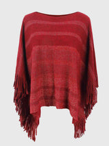 Striped Boat Neck Poncho with Fringes - Trendsi - Flyclothing LLC
