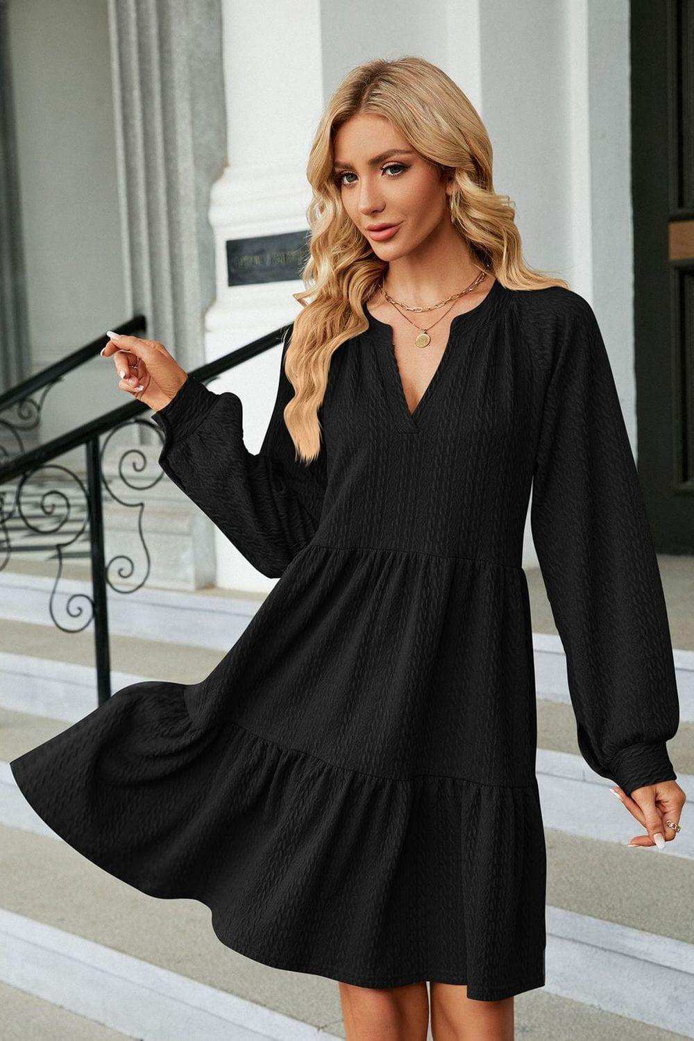 Notched Neck Long Sleeve Mini Dress - Trendsi - Flyclothing LLC