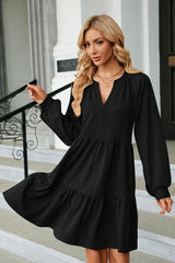 Notched Neck Long Sleeve Mini Dress - Trendsi
