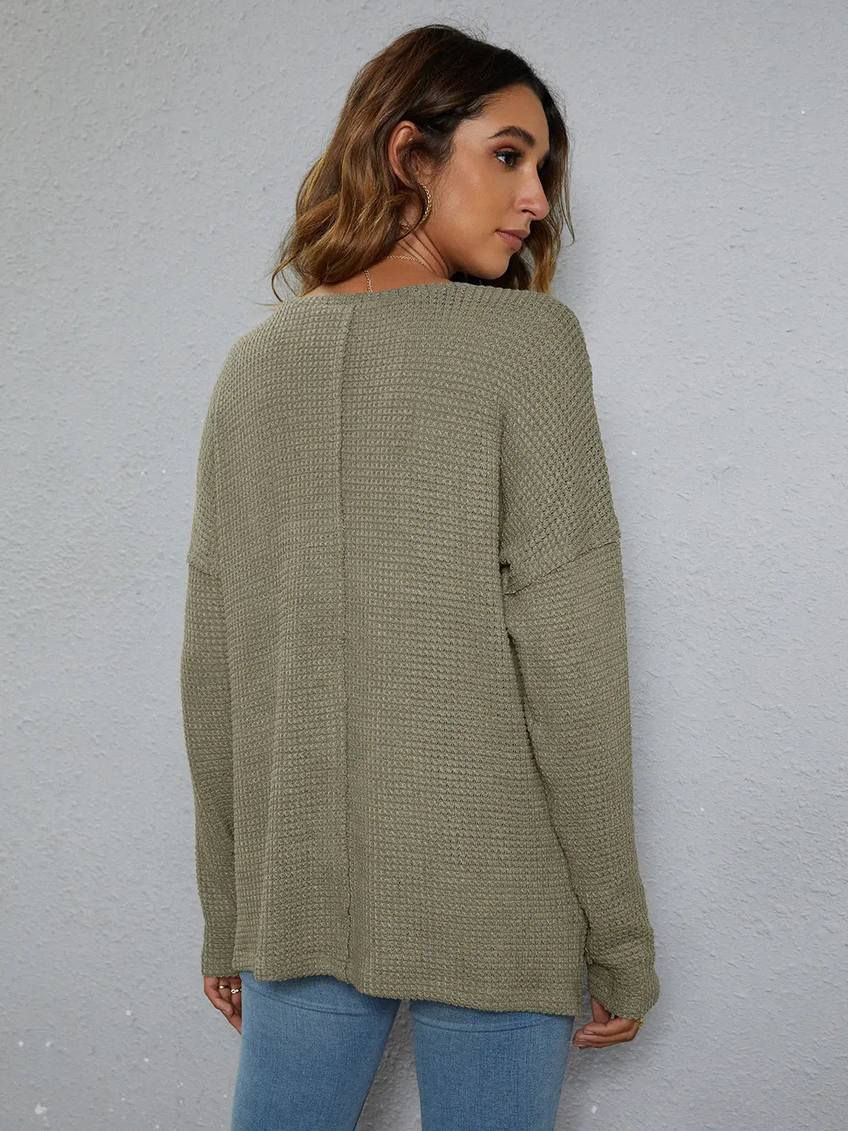 Dropped Shoulder High-Low Waffle-Knit Top - Trendsi - Flyclothing LLC