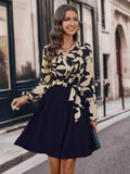 Contrast Notched Tie Front Long Sleeve Dress - Trendsi - Flyclothing LLC
