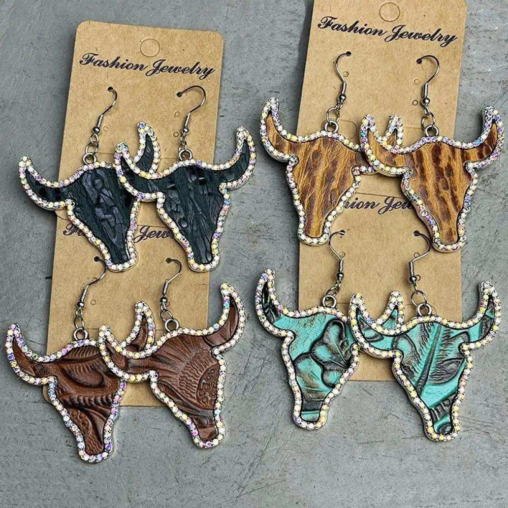 Rhinestone Trim Alloy Bull Earrings - Trendsi - Flyclothing LLC