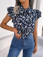 Floral Tie Neck Flutter Sleeve Blouse - Trendsi
