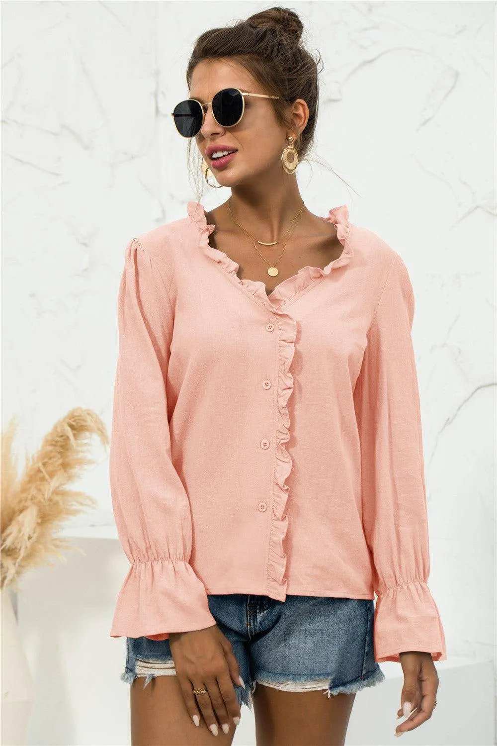 Frill Trim V-Neck Flounce Sleeve Shirt - Trendsi - Flyclothing LLC