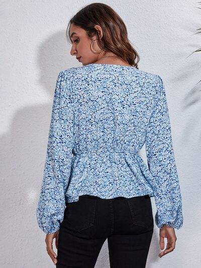 Floral V-Neck Balloon Sleeve Peplum Blouse - Trendsi - Flyclothing LLC