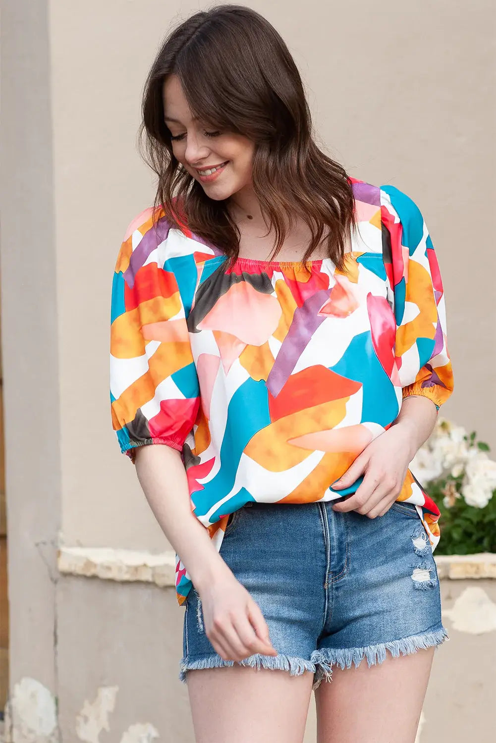 Printed Square Neck Half Sleeve Top - Trendsi - Flyclothing LLC