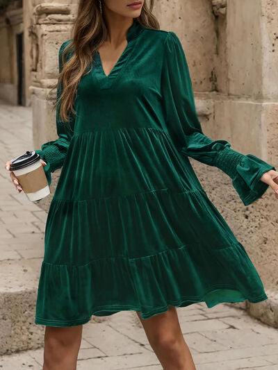 Notched Long Sleeve Tiered Dress - Trendsi