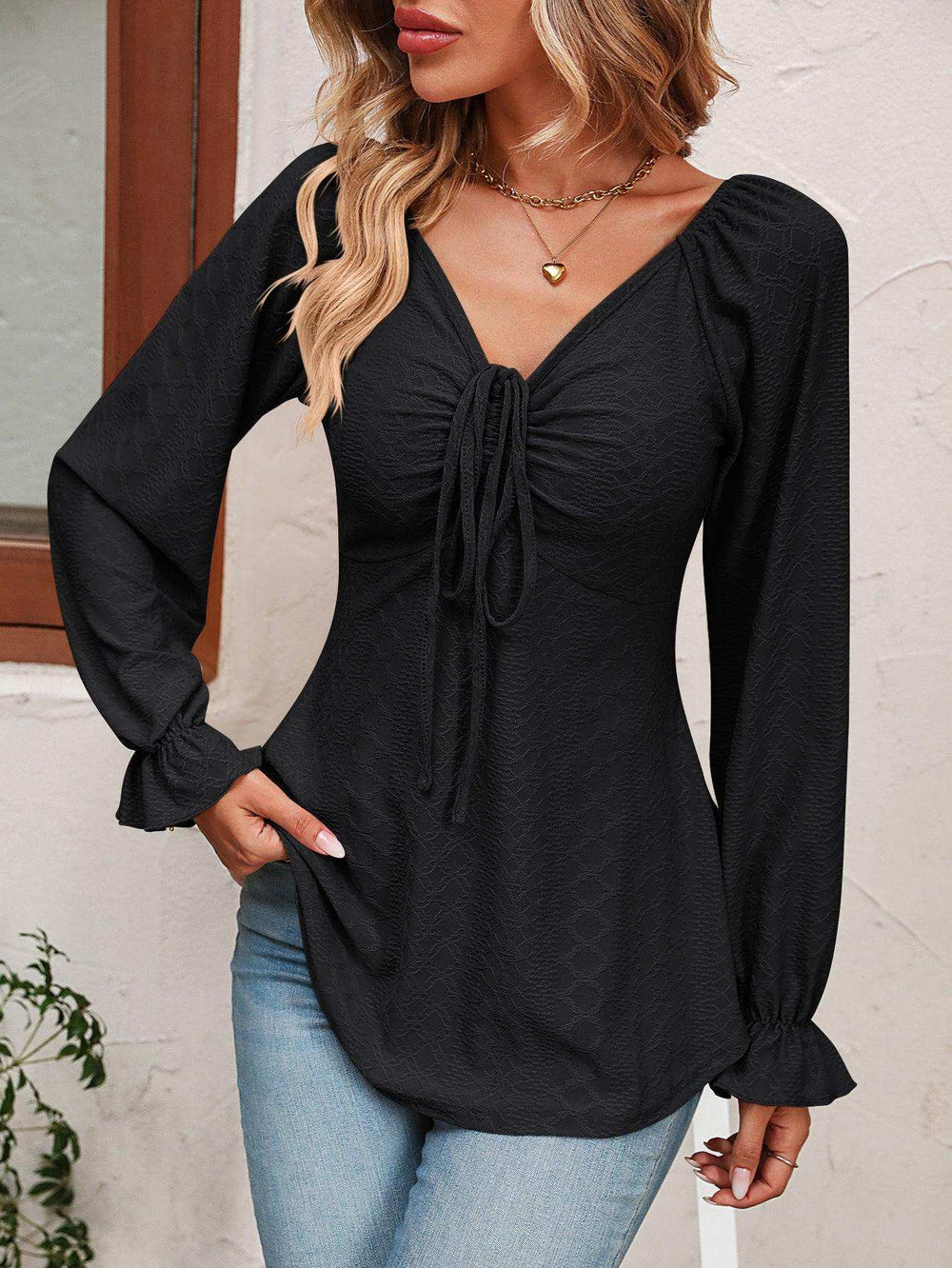 Tie Front V-Neck Puff Sleeve Blouse - Trendsi - Flyclothing LLC