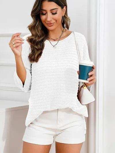 Rolled Round Neck Dropped Shoulder Slit Sweater - Trendsi - Flyclothing LLC