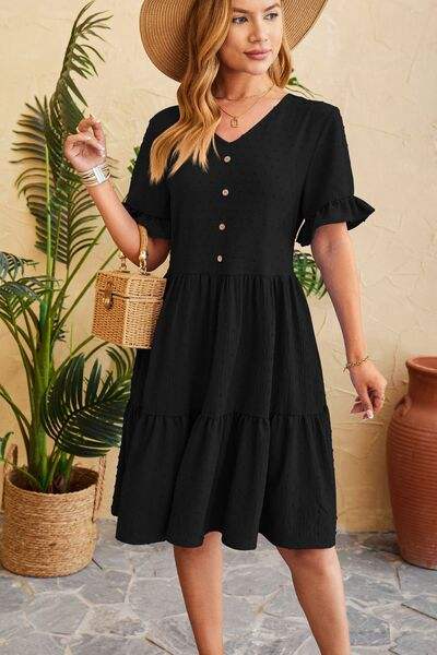Swiss Dot Ruffled V-Neck Tiered Dress - Trendsi - Flyclothing LLC