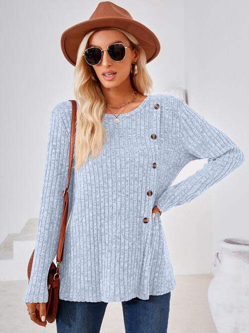Ribbed Buttoned Round Neck Slit T-Shirt - Trendsi - Flyclothing LLC
