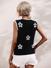 Floral Contrast Ribbed Trim Sweater Vest - Flyclothing LLC