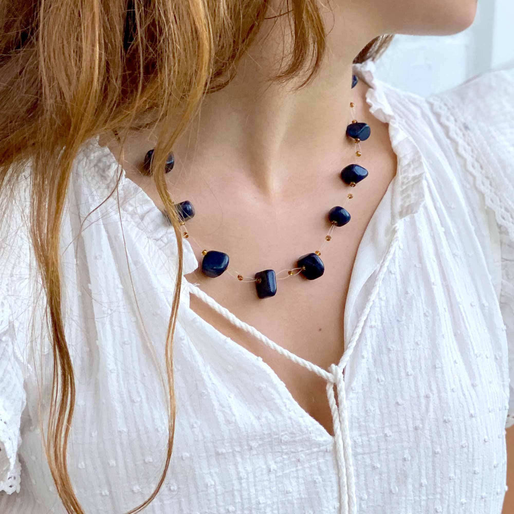 Floating Stone & Maasai Bead Necklace, Navy - Jedando - Flyclothing LLC