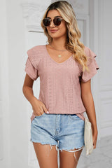 Eyelet V-Neck Short Sleeve T-Shirt - Trendsi - Flyclothing LLC