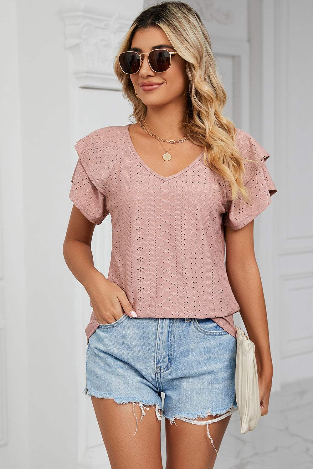 Eyelet V-Neck Short Sleeve T-Shirt - Trendsi - Flyclothing LLC