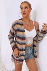 Striped Long Sleeve Open Front Cardigan - Trendsi - Flyclothing LLC