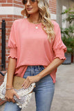 Round Neck Smocked Lantern Sleeve Blouse - Trendsi - Flyclothing LLC
