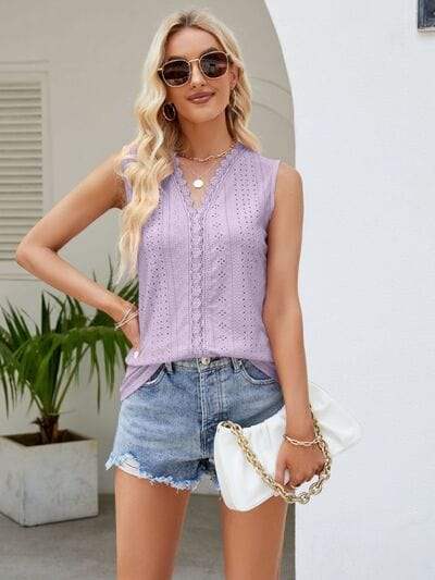 Eyelet Lace Detail V-Neck Tank - Trendsi - Flyclothing LLC